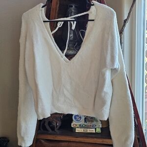 Forever 21 Cream Fuzzy V-Neck Sweater